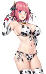  1girl :d absurdres animal_print arm_up armpits bangs bare_shoulders bell bikini blue_eyes blunt_bangs breasts bridal_gauntlets choker cleavage cow_horns cow_print cowbell cowboy_shot elbow_gloves fake_horns front-tie_bikini front-tie_top gloves go-toubun_no_hanayome hair_ribbon halter_top halterneck hand_on_hip highres horns large_breasts looking_at_viewer motion_lines nakano_nino navel open_mouth pink_hair red_choker ribbon short_hair side-tie_bikini simple_background skindentation smile solo standing stomach strap_gap string_bikini swimsuit thighhighs thighs two_side_up white_background white_legwear yakimi_27 