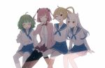  4girls ^_^ ^o^ blonde_hair closed_eyes drdn1293 green_hair jacket labcoat magia_record:_mahou_shoujo_madoka_magica_gaiden mahou_shoujo_madoka_magica makino_ikumi mannenzakura_no_uwasa midori_ryou miyako_hinano multiple_girls pink_hair school_uniform shading short_hair side_ponytail smile white_hair 