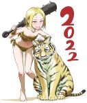 1girl 2022 animal animal_print bikini blonde_hair character_request chinese_zodiac club_(weapon) highres holding holding_weapon horns kanabou leaning_forward looking_at_viewer nakahara_kaihei oni oni_horns onizuka-chan_to_sawarida-kun pink_eyes shadow short_hair side-tie_bikini spiked_club standing swimsuit tiger tiger_print weapon year_of_the_tiger 