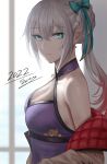  1girl 2022 aqua_eyes bangs bare_shoulders breasts chinese_commentary cleavage commentary_request crossed_bangs earrings eyebrows_visible_through_hair girls&#039;_frontline gradient_hair hair_ornament highres jewelry large_breasts long_hair long_sleeves looking_at_viewer lwmmg_(girls&#039;_frontline) multicolored_hair parted_lips red_hair selcky signature silver_hair smile solo upper_body 