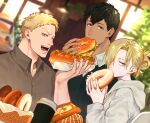  1girl 2boys :d annie_leonhardt bertolt_hoover black_hair blonde_hair blue_eyes bread brown_hair brown_shirt casual collared_shirt contemporary doughnut dutch_angle eating food green_eyes hair_over_one_eye highres holding holding_food looking_at_viewer meguo_(guyutyankani) multiple_boys reiner_braun sandwich shingeki_no_kyojin shirt short_hair smile sunlight upper_body window 