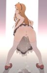  1girl absurdres anus ass black_hairband brown_hair from_behind full_body hairband highres idolmaster idolmaster_(classic) long_hair looking_at_viewer looking_back minase_iori partially_visible_vulva pee peeing red_footwear shoes solo standing tengu_(tetuo_kun) thighhighs white_legwear 