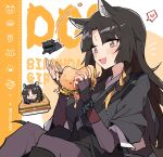  +_+ 1girl 1other :d animal_ear_fluff animal_ears animalization arknights artist_name bangs black_hair blush bracelet brown_eyes burger chibi chibi_inset doctor_(arknights) dog_ears elbow_gloves eyebrows_visible_through_hair facial_mark food forehead_mark gloves happy_birthday heart holding holding_food infection_monitor_(arknights) jewelry jumping kyou_039 long_hair long_sleeves parted_bangs purple_gloves saga_(arknights) sitting smile sparkling_eyes speech_bubble spoken_heart star_(symbol) tasuki twitter_username very_long_hair 