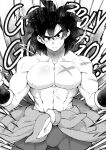  1boy abs bara black_hair broly_(dragon_ball_super) bulge cowboy_shot dragon_ball dragon_ball_super flexing fur_(clothing) greyscale gureshi_db highres large_pectorals looking_at_viewer male_focus medium_hair monochrome muscular muscular_male nipples pectorals pose powering_up raised_eyebrow solo spiked_hair stomach thick_eyebrows topless_male 