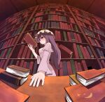  1girl absurdres bangs book bookshelf closed_mouth crescent_moon dress eyebrows_visible_through_hair from_side hat highres holding holding_book indoors library long_hair mob_cap moon patchouli_knowledge purple_dress purple_eyes purple_hair reading solo standing star_(symbol) topadori touhou 