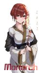  1girl 2022 absurdres arrow_(projectile) azur_lane bangs blush breasts character_name cowboy_shot earrings eyebrows_visible_through_hair hamaya highres holding holding_arrow japanese_clothes jewelry kimono large_breasts long_hair long_sleeves looking_at_viewer manu_(pixiv41646715) monarch_(azur_lane) new_year obi parted_lips purple_eyes red_hair sash shawl simple_background solo underbust white_background white_kimono wide_sleeves 