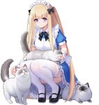  1girl allenes animal azur_lane black_bow black_footwear blonde_hair blue_eyes bow cat full_body garter_straps highres icarus_(at_your_service)_(azur_lane) icarus_(azur_lane) kneeling long_hair looking_at_viewer maid maid_headdress official_alternate_costume official_art smile thighhighs transparent_background white_legwear 
