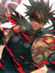  1boy bandana bare_shoulders biceps black_shirt brown_hair covered_abs fire glowing glowing_eyes guilty_gear headgear highres looking_at_viewer male_focus muscular muscular_male open_clothes pectorals ponytail red_eyes serious shirt shoulders sidepec simple_background sleeveless sleeveless_shirt sol_badguy solo spiked_hair tight tight_shirt yohane_shimizu 