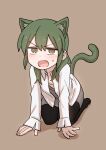  1girl animal_ear_fluff animal_ears blush cat_ears cat_girl cat_tail collared_shirt commentary english_commentary fang full_body green_eyes green_hair hair_down highres igarashi_futaba_(shiromanta) looking_at_viewer medium_hair no_shoes open_clothes open_mouth open_shirt pantyhose pencil_skirt seiza senpai_ga_uzai_kouhai_no_hanashi shiromanta shirt simple_background sitting skirt solo sweatdrop tail white_shirt 