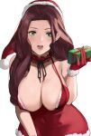  1girl alternate_costume bangs breasts brown_hair choker christmas cleavage covered_navel dorothea_arnault dress fire_emblem fire_emblem:_three_houses fur_trim gift gloves green_eyes hat highres j@ck large_breasts long_hair looking_at_viewer open_mouth parted_bangs santa_hat smile solo wide_hips 