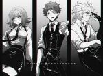  1girl 2boys alternate_costume breasts collared_shirt commentary criis-chan danganronpa_(series) danganronpa_2:_goodbye_despair gradient gradient_background greyscale hinata_hajime komaeda_nagito large_breasts mechanical_arms medium_hair monochrome multiple_boys nanami_chiaki necktie pencil_skirt shirt short_hair single_mechanical_arm skirt suspender_skirt suspenders twitter_username vest 