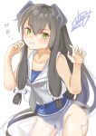  1girl black_hair blue_swimsuit blush cowboy_shot dated eyebrows_visible_through_hair green_eyes grey_neckerchief hair_between_eyes headgear highres i-47_(kancolle) kantai_collection long_hair neckerchief one-hour_drawing_challenge one-piece_swimsuit open_mouth pen_chou sailor_collar sailor_shirt shirt signature simple_background solo swimsuit swimsuit_under_clothes white_background white_sailor_collar white_shirt 