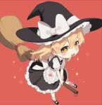  +_+ 1girl apron artist_name back_bow bangs black_dress black_footwear black_headwear blonde_hair blush bow braid broom broom_riding buttons chibi dress eyebrows_visible_through_hair flying food frills hair_between_eyes hair_bow hat hat_bow highres jill_07km kirisame_marisa long_hair looking_at_viewer mushroom open_mouth puffy_short_sleeves puffy_sleeves red_background shirt shoes short_sleeves simple_background single_braid sitting smile socks solo star_(symbol) touhou white_apron white_bow white_legwear white_shirt white_sleeves witch_hat yellow_eyes 