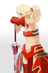  1girl absurdres armor blonde_hair blue_eyes blush breasts buffy_(risottosf) fate/apocrypha fate/grand_order fate_(series) highres holding holding_weapon mordred_(fate) mordred_(fate/apocrypha) navel short_hair small_breasts sword weapon 