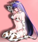  1girl animal_ears animal_print aoba_(smartbeat) arm_up bangs bell bikini black_choker blue_eyes breasts choker cleavage cow_ears cow_horns cow_print earrings elbow_gloves eyebrows_visible_through_hair fate/grand_order fate_(series) from_side full_body gloves hairband highres horns jewelry large_breasts long_hair looking_at_viewer martha_(fate) navel neck_bell no_shoes pink_background profile shadow sitting solo stomach swimsuit thighhighs thighs very_long_hair wariza 