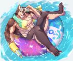  1boy abs animal_ears bara dog_boy dog_ears dog_tail erisu_(7575el) facial_hair furry furry_male goatee holding holding_watering_can innertube large_pectorals live_a_hero looking_at_viewer male_focus mature_male muscular muscular_male nipples pectorals pubraseer_(live_a_hero) short_hair smile solo star_shades stomach sunglasses tail thick_thighs thighs topless_male towel towel_around_neck watering_can 