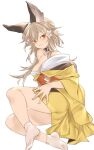  1girl animal_ears bare_shoulders breasts brown_eyes collar erune flower granblue_fantasy hair_between_eyes hair_flower hair_ornament japanese_clothes kimono kochiya_(gothope) light_brown_hair looking_at_viewer medium_breasts obi sash sen_(granblue_fantasy) solo white_background 