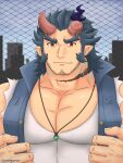  1boy bara body_markings broken_horn dark_blue_hair demon_boy demon_horns facial_hair fang fiery_horns highres horns large_pectorals long_sideburns looking_at_viewer male_focus mature_male muscular muscular_male notakurun pectoral_cleavage pectorals scar scar_on_neck shirt short_hair sideburns smile solo stubble takemaru_(housamo) thick_eyebrows tokyo_afterschool_summoners torn_clothes torn_shirt upper_body 