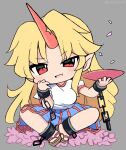  1girl :d bangs blonde_hair blue_skirt brown_footwear chibi cuffs cup eyebrows_visible_through_hair fang grey_background highres holding holding_cup horns hoshiguma_yuugi indian_style long_hair looking_at_viewer oni_horns open_mouth ramudia_(lamyun) red_eyes red_horns sakazuki sandals shackles shirt short_sleeves simple_background single_horn sitting skirt smile solo star_(symbol) star_print touhou v-shaped_eyebrows white_shirt 