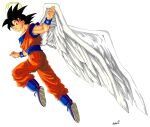  1boy angel_wings black_eyes black_hair dragon_ball dragon_ball_z feathered_wings halo highres kaede_(sakanatoneko) looking_at_viewer looking_back male_focus muscular simple_background smile solo son_goku spiked_hair white_background white_wings wings 