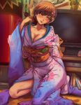  1girl absurdres blush breasts brown_eyes brown_hair cleavage collarbone floral_print full_body hair_ornament highres japanese_clothes kimono looking_away medium_breasts persona persona_4 print_kimono satonaka_chie short_hair sitting socks solo toasty_scones tongue tongue_out white_kimono white_legwear 