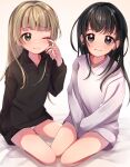  2girls between_legs black_eyes black_hair black_shirt brown_hair fukuyama_mai ggyoku green_eyes hand_between_legs idolmaster idolmaster_cinderella_girls long_hair looking_at_viewer multiple_girls no_pants one_eye_closed panties panty_peek pantyshot rubbing_eyes shirt sitting smile thighs underwear white_panties white_shirt yokoyama_chika 