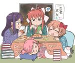  4girls blue_kimono blush book book_stack bow brown_hair cellphone closed_eyes doki_doki_literature_club food fruit green_eyes green_kimono heart japanese_clothes kimono knife kotatsu long_hair manga_(object) meta monika_(doki_doki_literature_club) multiple_girls natsuki_(doki_doki_literature_club) new_year open_mouth orange_(fruit) phone pink_eyes pink_hair pink_kimono purple_eyes purple_hair purple_kimono reading red_bow ribbon sayori_(doki_doki_literature_club) short_hair sitting stuffed_animal stuffed_toy table tsubobot twitter white_ribbon window yukata yuri_(doki_doki_literature_club) 