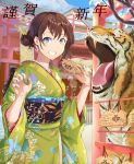  1girl animal bangs blue_eyes blue_flower branch brown_hair building chinese_zodiac claw_pose commentary_request day ema eyebrows_visible_through_hair floral_print flower green_kimono grin hair_between_eyes hair_bun hair_flower hair_ornament highres holding japanese_clothes kimono long_sleeves mosta_(lo1777789) obi original outdoors petals print_kimono sash smile solo tiger translated white_flower wide_sleeves year_of_the_tiger yellow_flower 