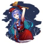  1girl :d absurdres armpits axe bangs bare_shoulders bell belt blue_eyes blue_hair choker collarbone colored_inner_hair contrapposto dress empty_eyes fur-trimmed_dress fur_trim gloves hair_between_eyes hat highres holding holding_axe holding_weapon hololive hoshimachi_suisei kinoko_(shikimylove) long_hair looking_at_viewer multicolored_hair neck_bell off-shoulder_dress off_shoulder open_mouth red_choker red_dress red_gloves red_headwear santa_costume santa_dress santa_hat short_dress short_sleeves side_bun smile solo virtual_youtuber weapon 