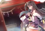  1girl absurdres ass azur_lane bangs black_bow black_gloves black_legwear bow breasts commentary_request fang fur-trimmed_kimono fur_trim gloves grey_hair hair_bow half_gloves happy_new_year highres japanese_clothes kimono kinchaku large_breasts leer.meer long_sleeves new_year off_shoulder one_side_up open_mouth pamiat_merkuria_(azur_lane) pink_eyes pouch short_kimono shrine sideboob sidelocks skin_fang smile solo thighhighs wide_sleeves 