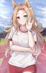  1girl :q absurdres alternate_costume animal_ears archetto_(arknights) arknights arm_across_waist blonde_hair blue_eyes blue_sky blush closed_mouth clothes_writing cowboy_shot day gym_shirt gym_shorts gym_uniform hairband heart heterochromia highres jewelry long_hair looking_at_viewer mango_(mgo) outdoors red_eyes red_hairband red_shorts ring shirt shorts sky smile solo stadium tongue tongue_out track_and_field waving white_shirt wristband 