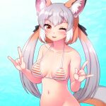 1girl animal_ear_fluff animal_ears blush breasts collarbone double_fox_shadow_puppet extra_ears eyebrows_visible_through_hair fox_ears fox_girl fox_shadow_puppet fox_tail grey_hair groin island_fox_(kemono_friends) kemono_friends medium_breasts navel one_eye_closed open_mouth outdoors solo swimsuit tail totokichi twintails 