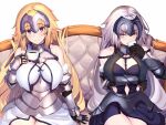  2girls armor armored_dress bangs bare_shoulders blonde_hair blue_eyes blush breasts chain clothing_cutout commentary_request cup drinking elbow_gloves eyebrows_visible_through_hair fate/apocrypha fate/grand_order fate_(series) fur_trim gauntlets gloves headpiece jeanne_d&#039;arc_(alter)_(fate) jeanne_d&#039;arc_(fate) jeanne_d&#039;arc_(fate/apocrypha) large_breasts long_hair looking_at_viewer multiple_girls navel ninoude_(ninoude44) silver_hair sitting smile thighs white_background yellow_eyes 