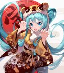  1girl :3 :d absurdres animal_ear_fluff animal_ears animal_hood bangs bison_cangshu blue_eyes blue_hair brown_kimono claw_pose commentary_request egasumi eyebrows_visible_through_hair fake_animal_ears fang floral_print fur-trimmed_hood fur_trim hands_up hatsune_miku highres hood japanese_clothes kimono long_hair long_sleeves print_kimono smile solo tiger_ears tiger_hood v-shaped_eyebrows very_long_hair vocaloid white_background wide_sleeves 
