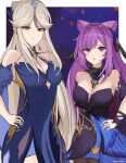  2girls :p :t absurdres bare_shoulders black_dress blue_dress breasts cleavage double_bun dress genshin_impact hair_bun hair_ornament highres keqing_(genshin_impact) keqing_(opulent_splendor)_(genshin_impact) large_breasts looking_at_viewer multicolored_clothes multicolored_dress multiple_girls ningguang_(genshin_impact) ningguang_(orchid&#039;s_evening_gown)_(genshin_impact) pout purple_eyes purple_hair red_eyes ritou08 tongue tongue_out twintails white_hair 