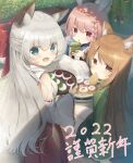  2022 3girls animal_ears bangs blue_eyes blush bow braid brown_eyes brown_hair detached_sleeves eyebrows_visible_through_hair food hair_bow highres japanese_clothes kimono long_hair looking_at_viewer multiple_girls new_year open_mouth original psyche3313 red_bow red_eyes silver_hair 
