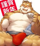  2022 anthro asian_clothing balls_outline belly blush bulge chinese_zodiac clothing drunk east_asian_clothing felid fundoshi genital_outline hi_res humanoid_hands japanese_clothing kemono male mammal moobs new_year_2022 nipples overweight overweight_male pantherine penis_outline red_clothing red_fundoshi red_underwear sake_dish seikeikei2015 solo substance_intoxication tiger underwear year_of_the_tiger 