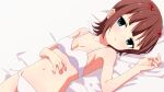  1girl :o amami_haruka bangs bare_arms bare_shoulders bed_sheet blue_eyes bow bra breasts brown_hair cleavage collarbone commentary_request eyebrows_visible_through_hair hair_bow hand_up highres idolmaster idolmaster_(classic) lying navel on_back oueo panties parted_lips red_bow small_breasts solo sweat underwear white_bra white_panties 