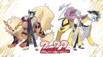  2022 2boys alternate_costume arcanine archer_(pokemon) arm_behind_back bangs black_footwear black_hair black_pants blue_hair chinese_zodiac closed_mouth commentary_request flats grimsley_(pokemon) hand_up highres holding holding_poke_ball long_sleeves looking_at_viewer male_focus momoji_(lobolobo2010) multiple_boys pants poke_ball pokemon pokemon_(game) pokemon_bw pokemon_hgss raikou shoes short_hair spiked_hair standing translation_request twitter_username year_of_the_tiger yellow_footwear 
