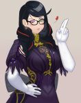  1girl absurdres bayonetta bayonetta_(series) bayonetta_3 black_hair blush buffy_(risottosf) earrings gem glasses gloves hand_on_hip hand_up highres jewelry lips lipstick long_hair makeup mole mole_under_mouth multicolored_hair one_eye_closed white_gloves 