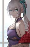  1girl aqua_eyes bangs bare_shoulders breasts chinese_commentary cleavage commentary_request crossed_bangs earrings eyebrows_visible_through_hair girls&#039;_frontline gradient_hair hair_ornament highres jewelry large_breasts long_hair long_sleeves looking_at_viewer lwmmg_(girls&#039;_frontline) multicolored_hair parted_lips red_hair selcky silver_hair smile solo upper_body 