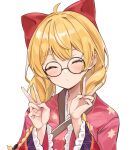  1girl :p ahoge anbasa_(amaneyuz13) bangs blonde_hair blush bow closed_eyes commentary_request double_v facing_viewer frilled_sleeves frills glasses hair_bow hololive japanese_clothes kimono long_hair long_sleeves nail_polish parted_lips pink_nails red_kimono side_bun simple_background solo tongue tongue_out v virtual_youtuber white_background yellow_eyes yozora_mel 
