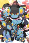  1boy 1girl :d alternate_costume bangs black_hair blue_kimono closed_mouth commentary_request dawn_(pokemon) grey_eyes hair_ornament highres japanese_clothes kamota_(momokomati) kimono kneeling long_hair lucas_(pokemon) luxio luxray open_mouth pokemon pokemon_(creature) pokemon_(game) pokemon_dppt scarf shinx short_hair sidelocks smile tabi teeth tongue upper_teeth white_scarf wide_sleeves zouri 