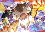  1girl anabel_(pokemon) black_jacket closed_mouth commentary_request eyelashes gloves highres holding holding_poke_ball jacket long_hair poke_ball pokemon pokemon_(creature) pokemon_(game) pokemon_emerald pokemon_rse pokemon_sm purple_eyes purple_hair raikou shirt smile tom_(pixiv10026189) ultra_ball white_shirt 