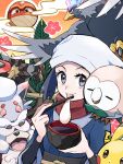  1girl akari_(pokemon) ayo_(ayosanri009) black_shirt blue_jacket bowl chopsticks closed_mouth commentary_request eating eyelashes grey_eyes hands_up head_scarf hisuian_braviary hisuian_growlithe hisuian_voltorb hisuian_zorua holding holding_bowl holding_chopsticks jacket kleavor looking_at_viewer mouth_hold on_shoulder pikachu pokemon pokemon_(creature) pokemon_(game) pokemon_legends:_arceus pokemon_on_shoulder red_scarf rowlet sash scarf shirt smile white_headwear 