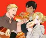  1girl 2boys :d annie_leonhardt bertolt_hoover black_hair blonde_hair blue_eyes bread brown_hair brown_shirt casual collared_shirt contemporary doughnut dutch_angle eating food green_eyes hair_over_one_eye highres holding holding_food looking_at_viewer meguo_(guyutyankani) multiple_boys orange_background reiner_braun sandwich shingeki_no_kyojin shirt short_hair smile upper_body 