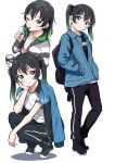  absurdres bangs black_blouse black_hair black_legwear blouse denim denim_jacket gradient_hair green_eyes green_hair hair_between_eyes highres jacket love_live! love_live!_nijigasaki_high_school_idol_club medium_hair multicolored_hair multiple_views streaked_hair takasaki_yuu totoki86 twintails two-tone_hair white_background 