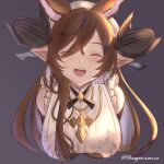  1girl absurdres animal_ears bangs bare_shoulders blush breasts brown_hair closed_eyes detached_sleeves eyebrows_visible_through_hair frills galleon_(granblue_fantasy) granblue_fantasy highres horns jewelry large_breasts long_hair multicolored_hair necklace open_mouth rans_bc smile solo streaked_hair very_long_hair 