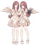  2girls absurdres bangs bare_legs bare_shoulders black_wings burnt_clothes closed_mouth cross-laced_clothes detached_sleeves dress earrings feathered_wings fingers_together frilled_dress frilled_footwear frills full_body gocoli hair_ribbon hands_up highres idolmaster idolmaster_shiny_colors interlocked_fingers jewelry long_hair long_sleeves looking_at_viewer multicolored_wings multiple_girls off-shoulder_dress off_shoulder oosaki_amana oosaki_tenka own_hands_clasped own_hands_together praying red_hair ribbon shoes short_sleeves siblings side_slit single_wing sisters smile standing swept_bangs twins very_long_hair w_arms white_dress white_footwear white_wings wings wrist_cuffs yellow_eyes 