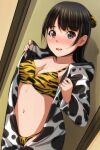  1girl :d absurdres animal_costume animal_print bangs bikini bikini_under_clothes black_hair blush breasts brown_eyes chinese_zodiac cleavage collarbone cow_costume eyebrows_visible_through_hair highres long_hair long_sleeves looking_at_viewer matsunaga_kouyou medium_breasts navel nose_blush open_clothes original print_bikini smile solo swimsuit tiger_print year_of_the_ox year_of_the_tiger yellow_bikini 